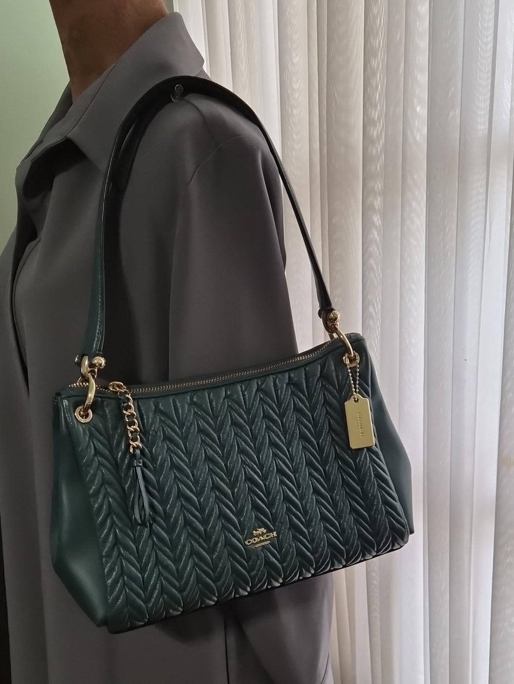 COACH Dark Green Quilted Leather Shoulder Bag